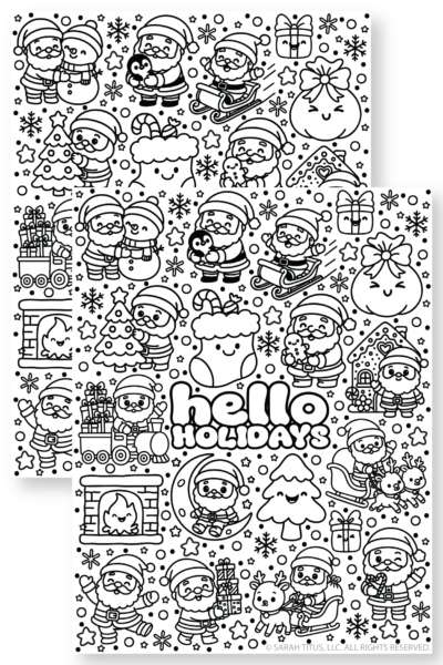 Black and white holiday coloring sheet featuring a Hello Holidays title surrounded by cheerful Santa Claus doodles reindeer sleighs trains gingerbread cottages and smiling fireplaces