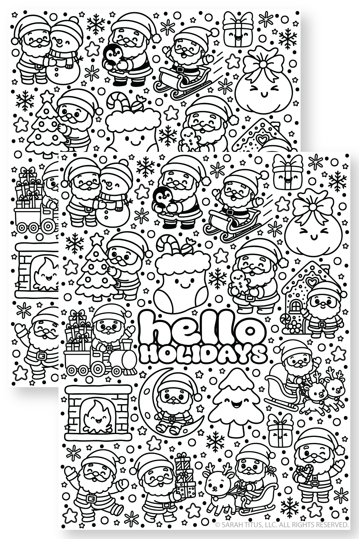Black and white holiday coloring sheet featuring a Hello Holidays title surrounded by cheerful Santa Claus doodles reindeer sleighs trains gingerbread cottages and smiling fireplaces