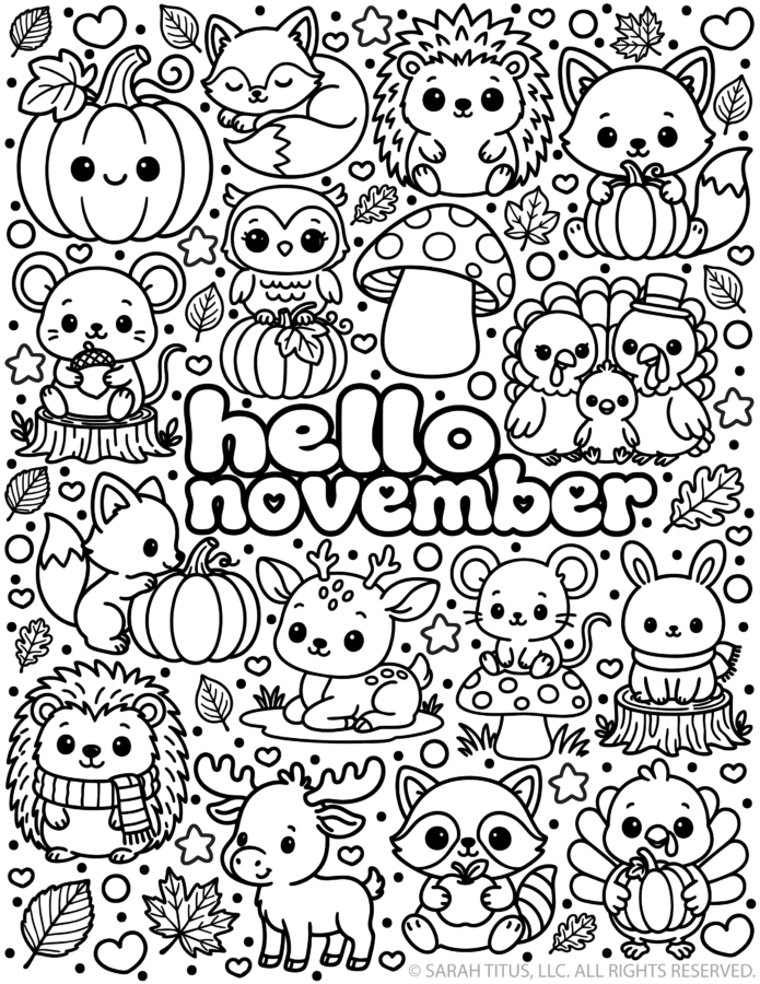 Black and white line art of a kawaii woodland scene for Hello November Coloring Page featuring baby animals surrounding bubble letters