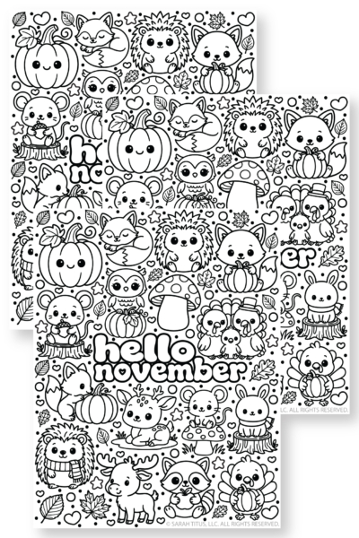 Free printable Hello November coloring page with cute kawaii woodland animals, pumpkins, mushrooms, fall leaves, foxes, hedgehogs, deer, raccoon and turkeys.