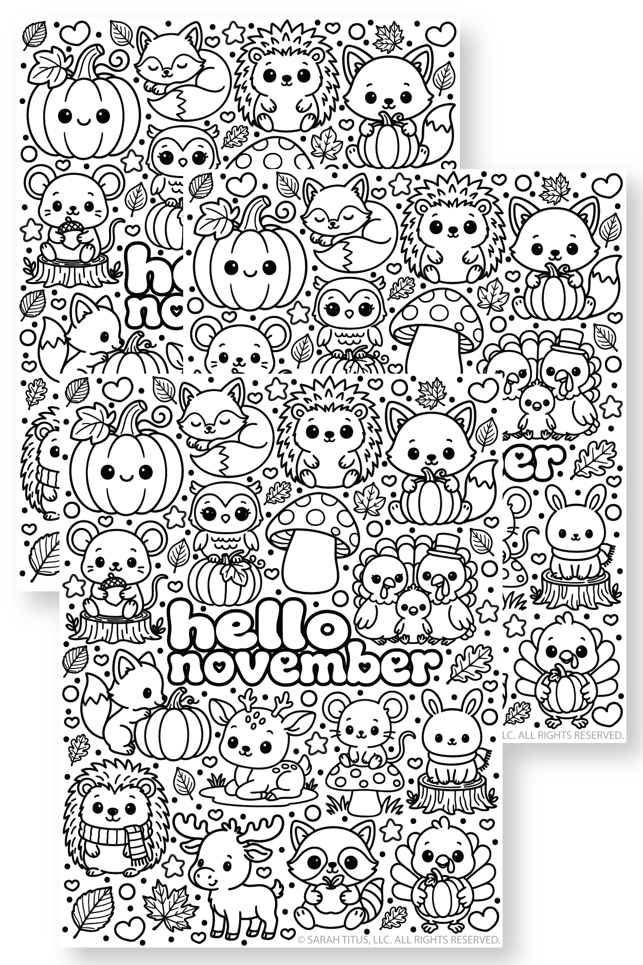 Free printable Hello November coloring page with cute kawaii woodland animals, pumpkins, mushrooms, fall leaves, foxes, hedgehogs, deer, raccoon and turkeys.