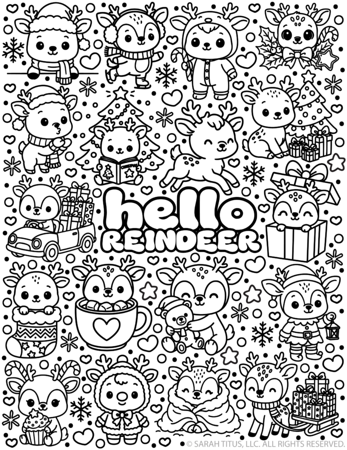 detailed kawaii reindeer coloring page featuring adorable woodland deer doodles, tiny stars, hearts, and the words hello REINDEER in the center.