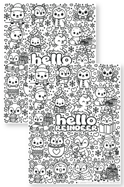 Free printable Hello Reindeer coloring page with 18 cute kawaii Christmas reindeer, presents, candy canes, Christmas trees, snowflakes, and festive doodles.