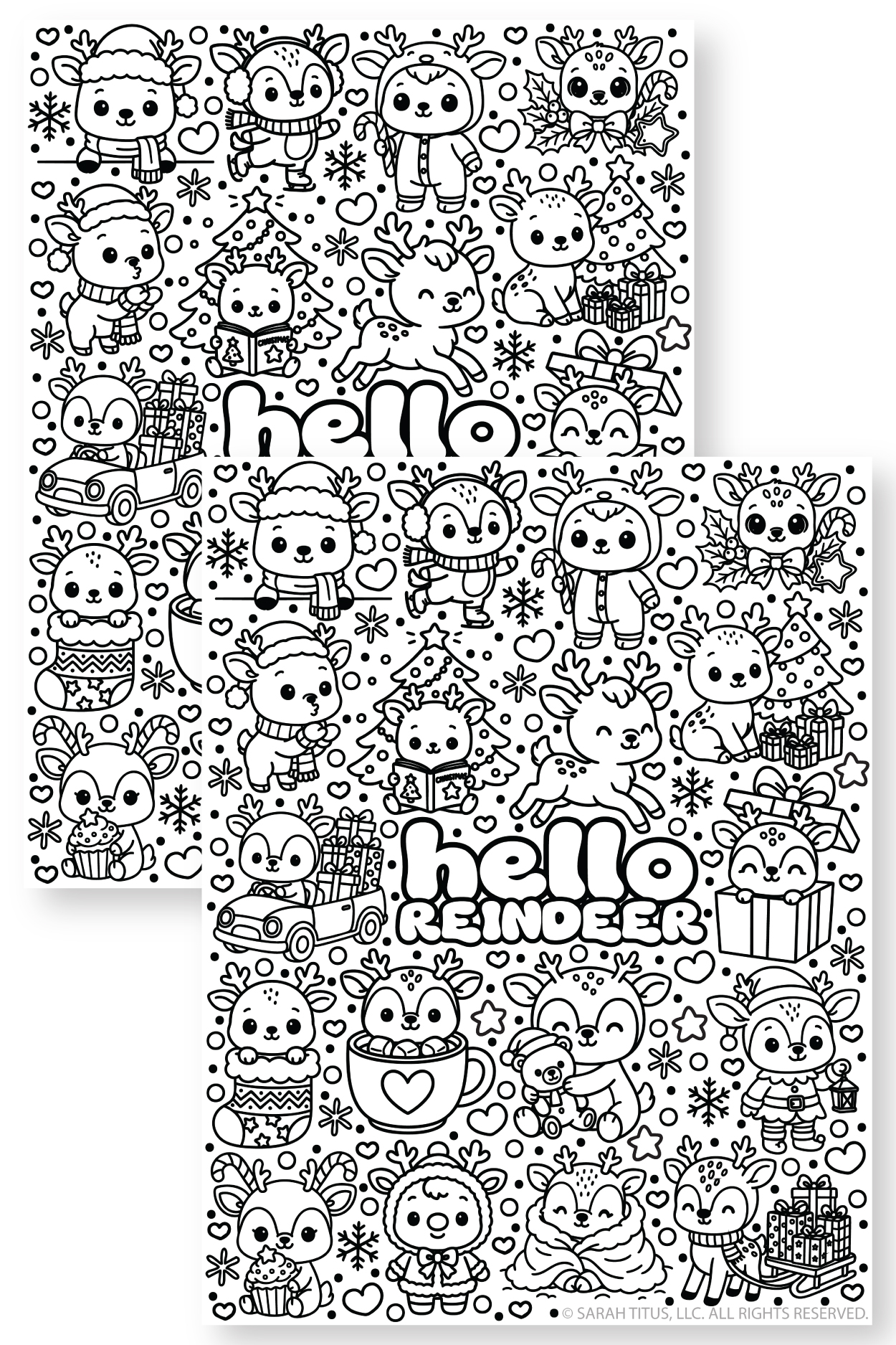 Free printable Hello Reindeer coloring page with 18 cute kawaii Christmas reindeer, presents, candy canes, Christmas trees, snowflakes, and festive doodles.