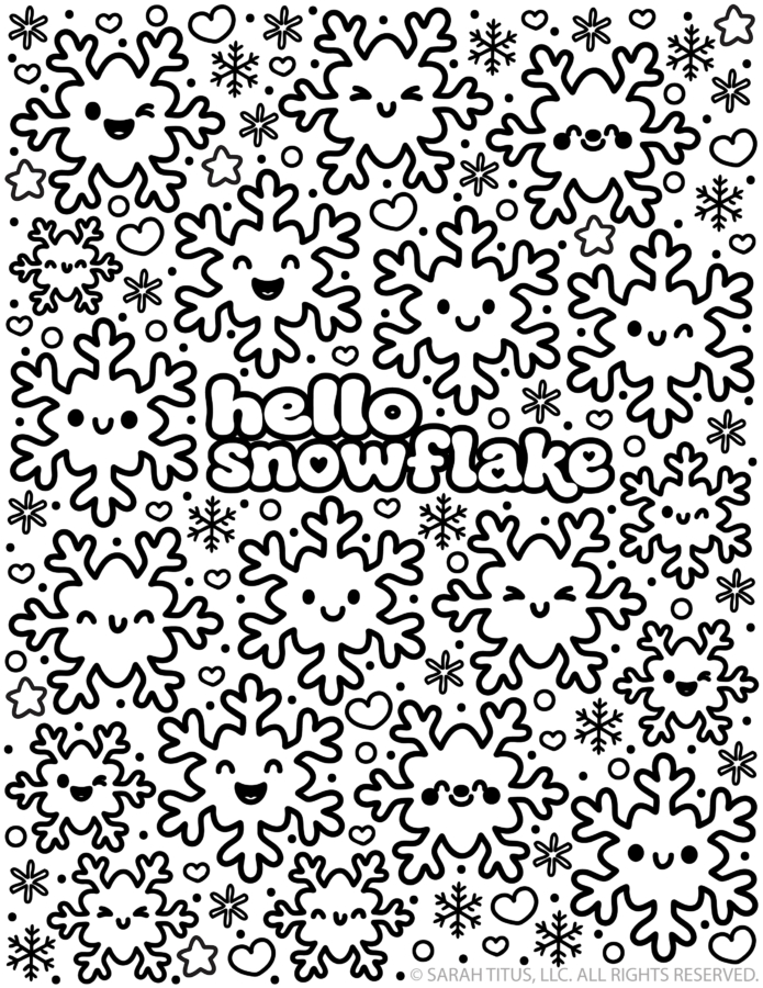 Free printable Hello Snowflake coloring page with cute kawaii smiling snowflakes, hearts, stars, circles, and winter doodles.