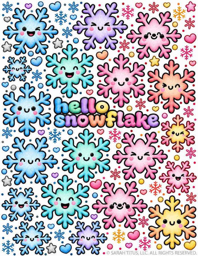 Cute Hello Snowflake coloring page colored with expert-style pencil shading and gradients, featuring icy blue, aqua, lavender, and silver tones on one side and warm pink, peach, yellow, and coral tones on the other.