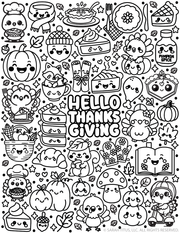 Hello Thanksgiving coloring page with cute kawaii turkeys, pumpkins, pies, fall leaves, pumpkin spice, acorns, corn, and cozy Thanksgiving doodles
