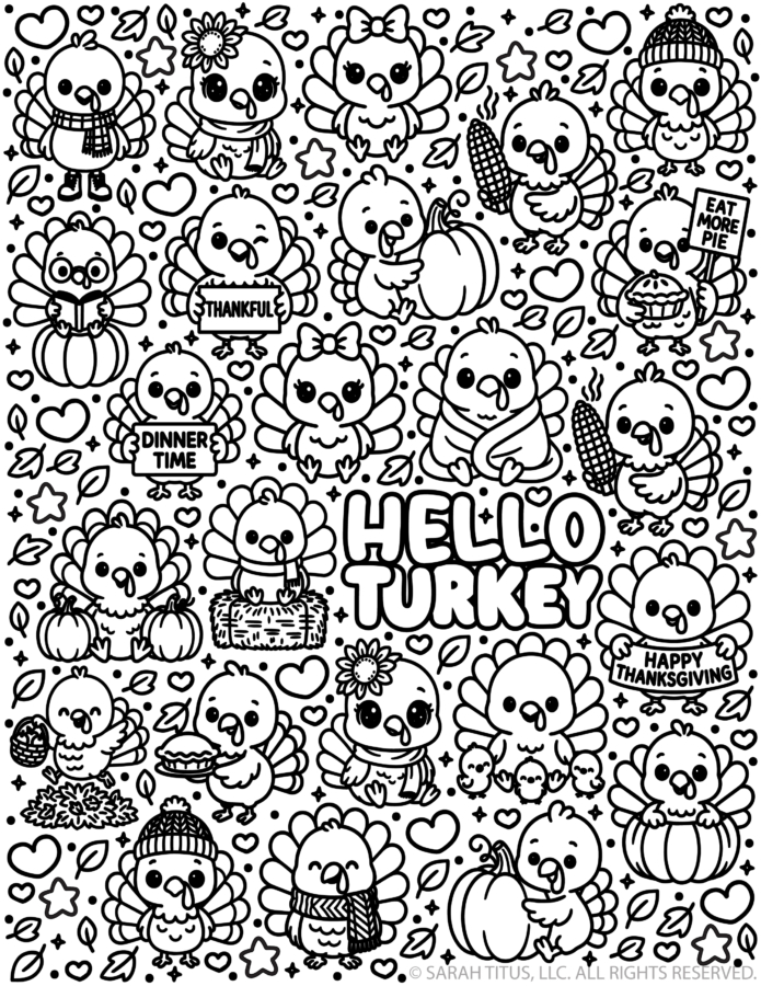 Hello Turkey coloring page with cute kawaii turkeys holding Thanksgiving signs, pumpkins, corn, pie, scarves, hats, hearts, stars, and fall leaves