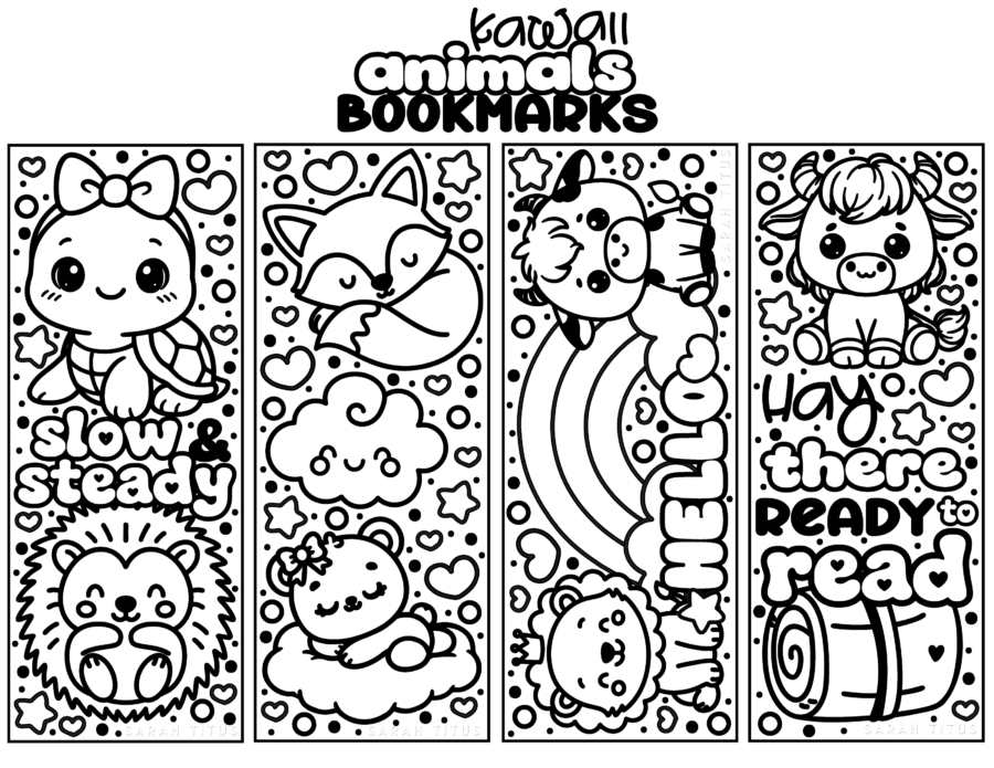 Free printable kawaii animal bookmarks to color featuring a cute turtle, hedgehog, fox, cow, lion, hearts, stars, and fun reading phrases.