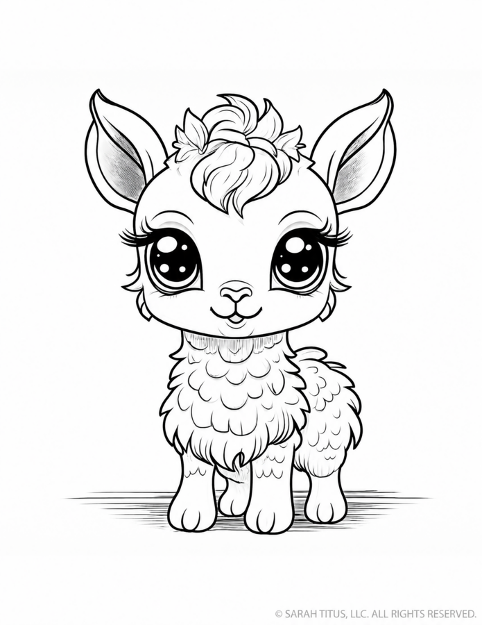 Cute llama coloring page with a standing baby llama, long neck, layered fluffy chest, oversized pointed ears, fluffy topknot and huge sparkling eyes
