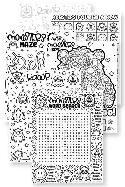 Black and white printable monsters birthday party pack featuring overlapping activity pages including a maze I-Spy word search and four in a row game filled with cute monster illustrations