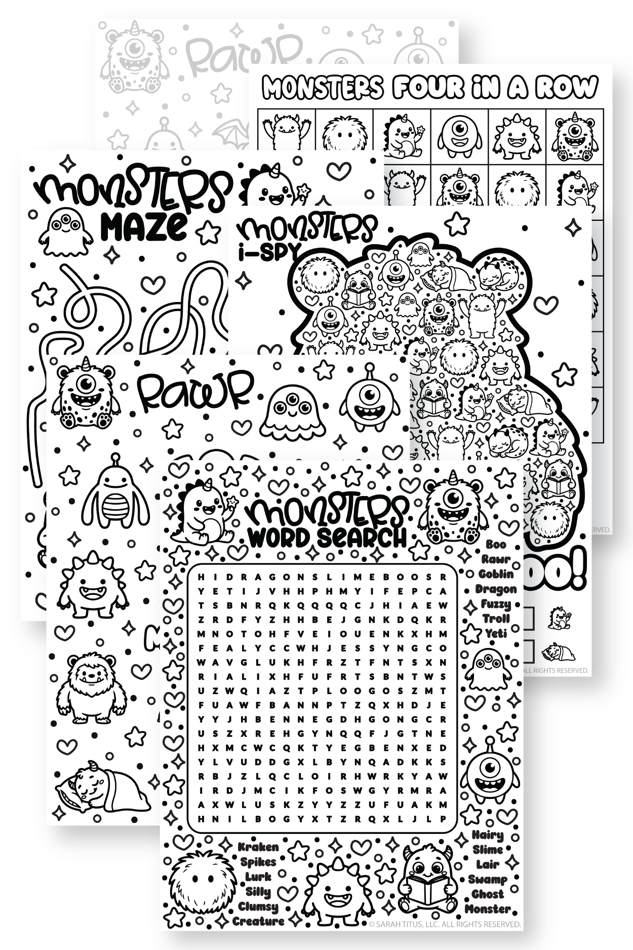 Black and white printable monsters birthday party pack featuring overlapping activity pages including a maze I-Spy word search and four in a row game filled with cute monster illustrations
