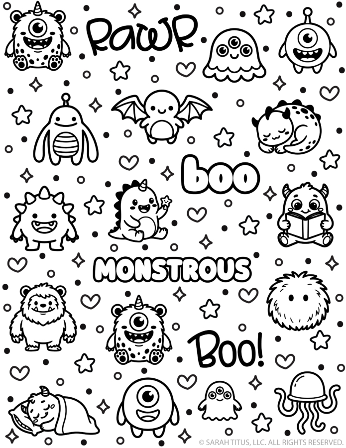 Printable monster coloring stickers with cute monster characters and Rawr, Boo, and Monstrous lettering