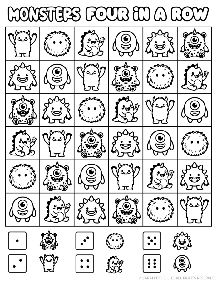 Monster four in a row printable game with six cute monster characters and matching dice number key