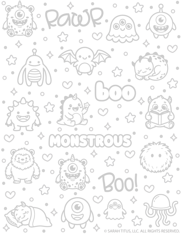 Monster tracing worksheet and hand lettering practice sheet with light gray monster doodles and lettering to trace