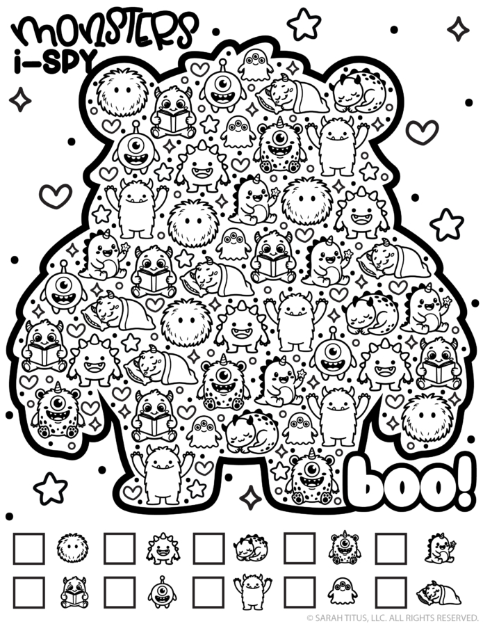 Monster I-Spy game printable with cute kawaii characters hidden inside a large monster-shaped seek-and-find puzzle