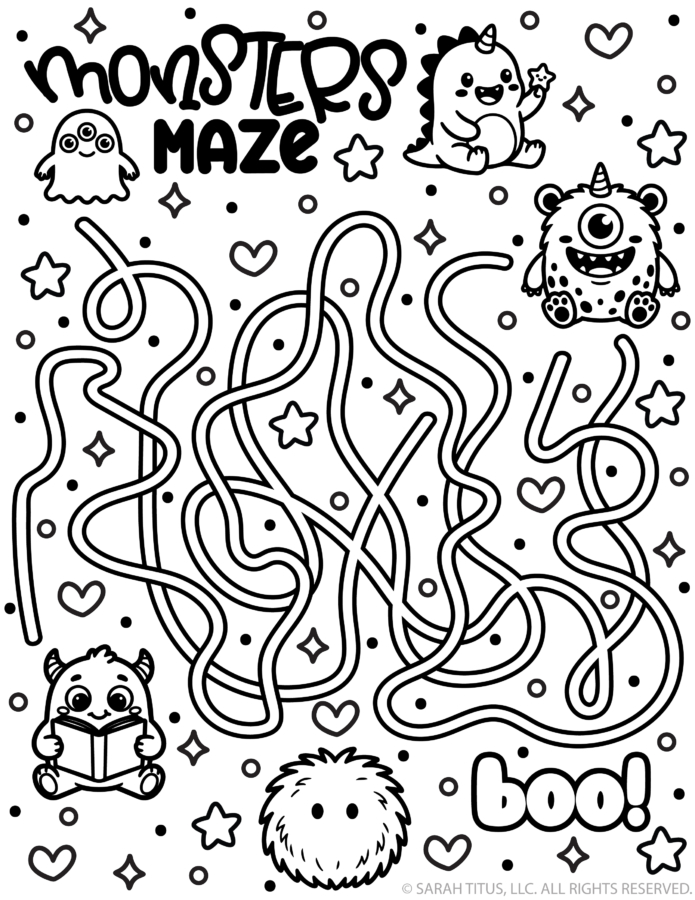 Monster maze printable with cute monster doodles surrounding a large tangled maze birthday party activity