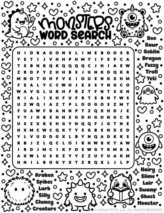 Black and white cute monsters word search printable featuring kawaii creatures stars hearts and a hidden vocabulary word bank