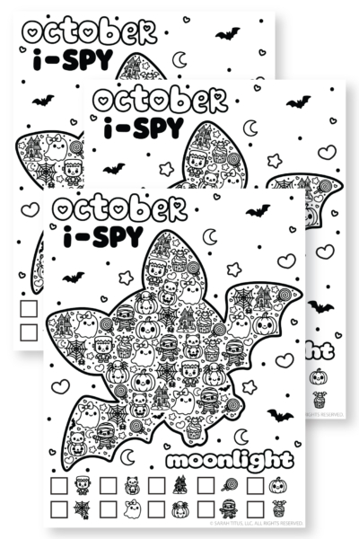 Three overlapping black and white October I-Spy printable activity pages featuring a large bat shape filled with kawaii ghosts, mummies, pumpkins, haunted houses, and sweet treats above empty counting boxes.