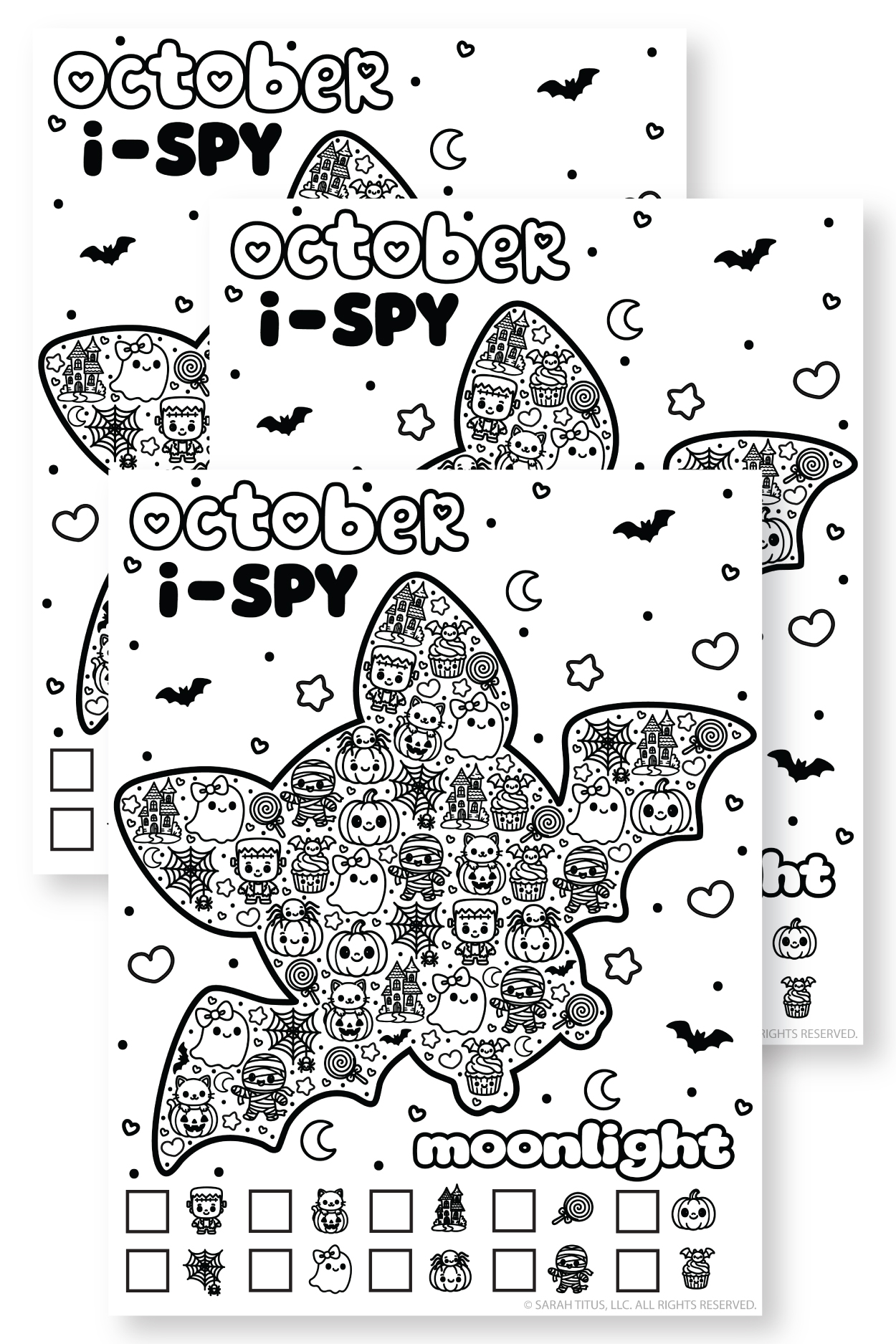 Three overlapping black and white October I-Spy printable activity pages featuring a large bat shape filled with kawaii ghosts, mummies, pumpkins, haunted houses, and sweet treats above empty counting boxes.