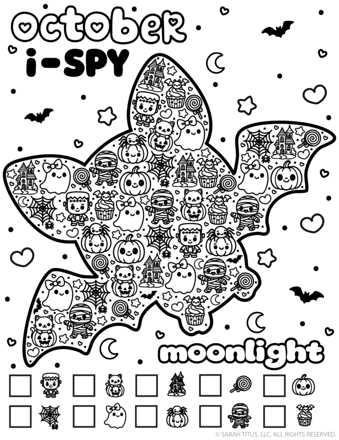 Free printable October I-Spy game featuring a large bat filled with kawaii ghosts, mummies, pumpkins, haunted castles, lollipops, spiderwebs, and cupcakes to find and count.