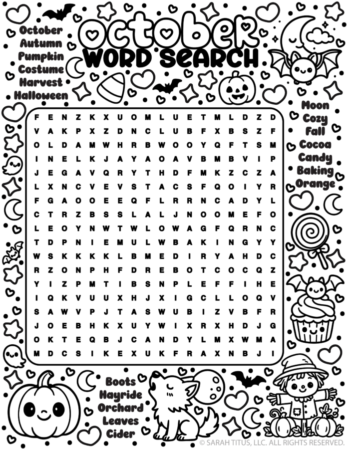 Free printable October word search puzzle with 18 fall and Halloween words surrounded by cute kawaii pumpkins, bats, ghosts, candy, leaves, and autumn doodles