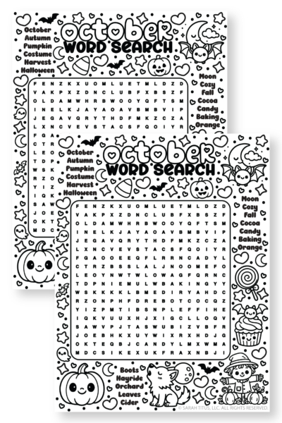 Black and white October Word Search printable featuring autumn themes like pumpkins bats and a scarecrow