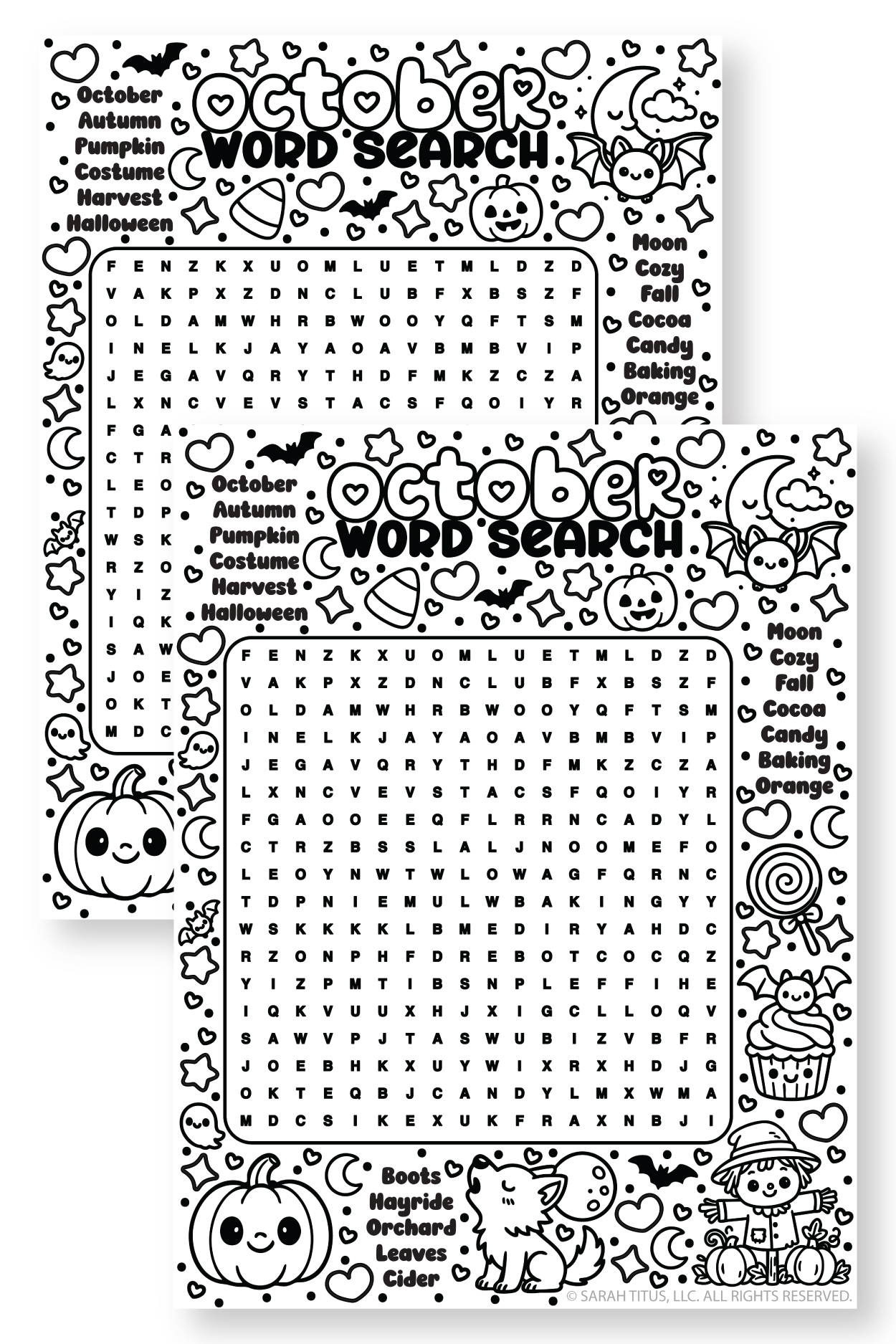 Black and white October Word Search printable featuring autumn themes like pumpkins bats and a scarecrow