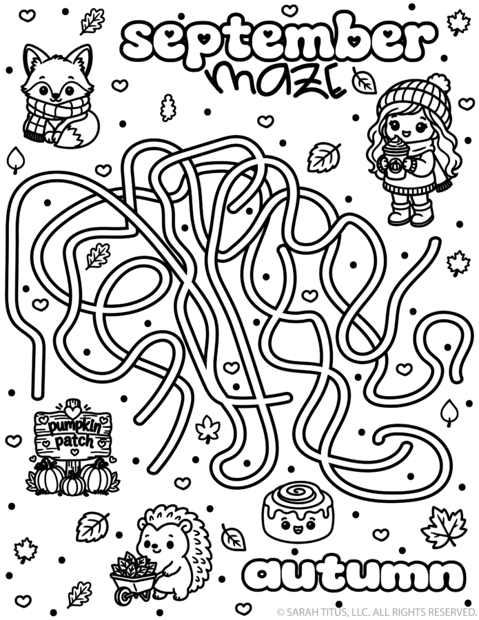 Free printable September maze for kids with kawaii fox, hedgehog, pumpkin patch, cinnamon roll, cozy girl, autumn leaves and colorable puzzle.