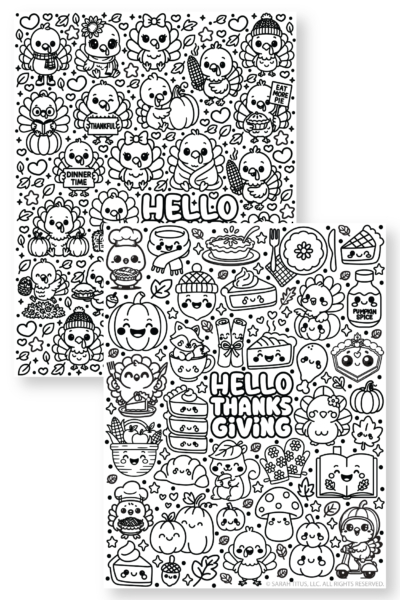 Hello Thanksgiving and Hello Turkey coloring pages with cute kawaii turkeys, pumpkins, pies, fall leaves, corn, acorns, and Thanksgiving doodles