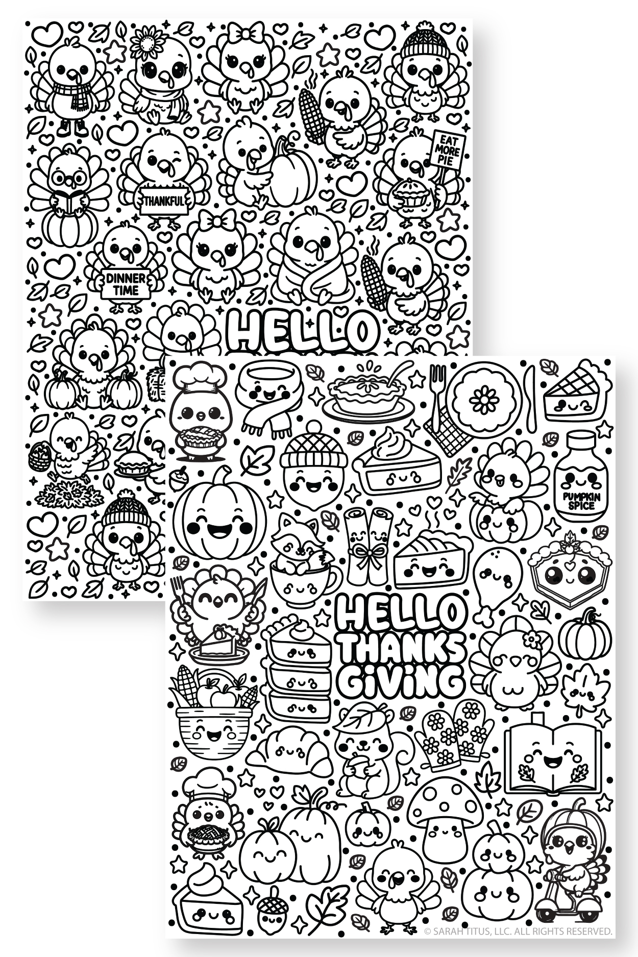Hello Thanksgiving and Hello Turkey coloring pages with cute kawaii turkeys, pumpkins, pies, fall leaves, corn, acorns, and Thanksgiving doodles