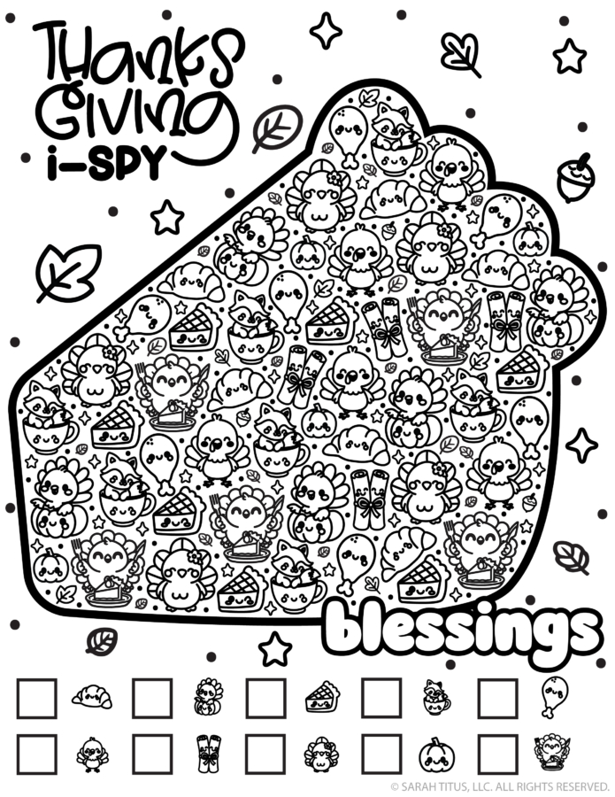 Black and white Thanksgiving I-Spy printable activity and coloring page shaped like a slice of pie, filled with cute turkeys, pumpkins, drumsticks, foxes in teacups, and autumn leaves, featuring empty counting boxes at the bottom.