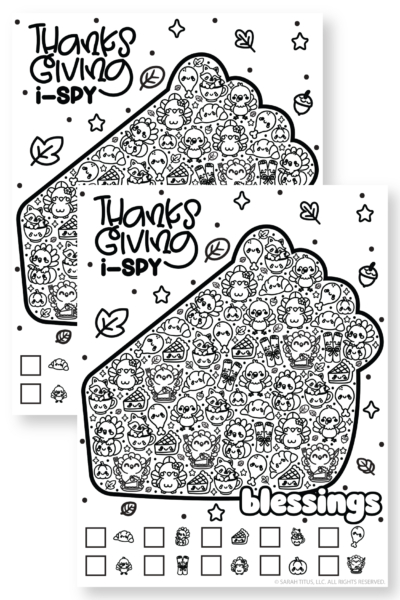 Two overlapping black and white Thanksgiving I-Spy printable activity and coloring pages shaped like a slice of pie filled with cute turkeys, pumpkins, drumsticks, foxes in teacups, and autumn leaves, featuring empty counting boxes at the bottom.