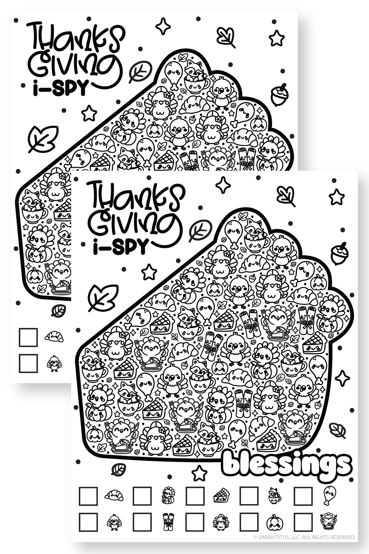 Two overlapping black and white Thanksgiving I-Spy printable activity and coloring pages shaped like a slice of pie filled with cute turkeys, pumpkins, drumsticks, foxes in teacups, and autumn leaves, featuring empty counting boxes at the bottom.