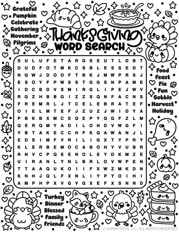Thanksgiving word search printable with festive words, kawaii turkeys, pumpkins, pie, leaves, acorns, and autumn doodles surrounding the puzzle.