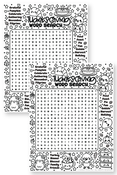 Cute Thanksgiving word search activity featuring hidden holiday words with adorable turkey, pumpkin, pie, fox, acorn, and fall-themed illustrations.