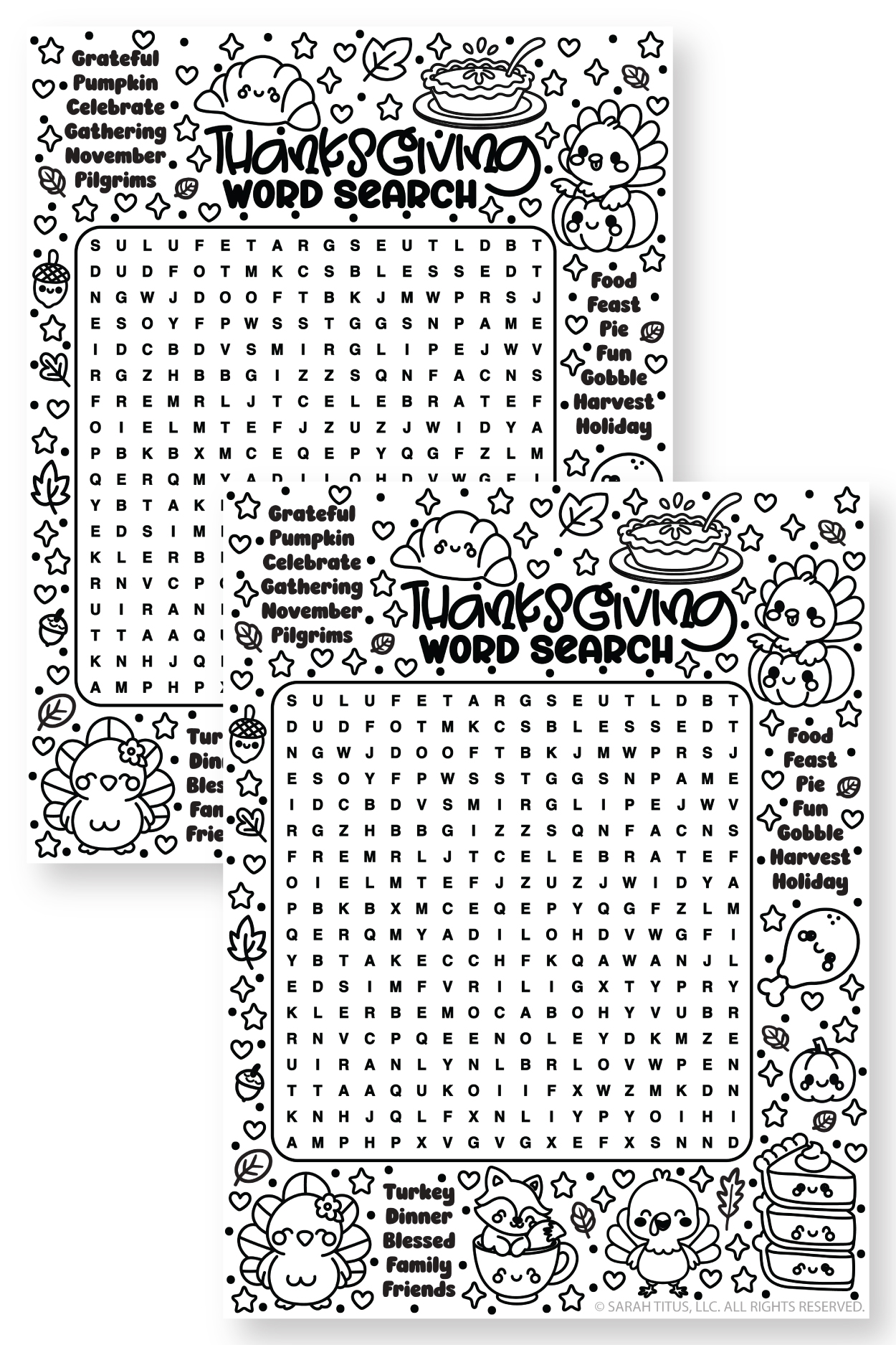 Cute Thanksgiving word search activity featuring hidden holiday words with adorable turkey, pumpkin, pie, fox, acorn, and fall-themed illustrations.