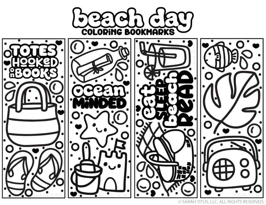 Free printable beach coloring bookmarks featuring cute beach bags, flip flops, sandcastles, seashells, tropical fish, and fun beach reading sayings.