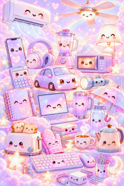 A dreamy pastel illustration of everyday modern items with cute smiley faces resting on fluffy clouds, featuring a purple car, laptop, smartphone, kitchen appliances, and office supplies surrounded by glowing stars.