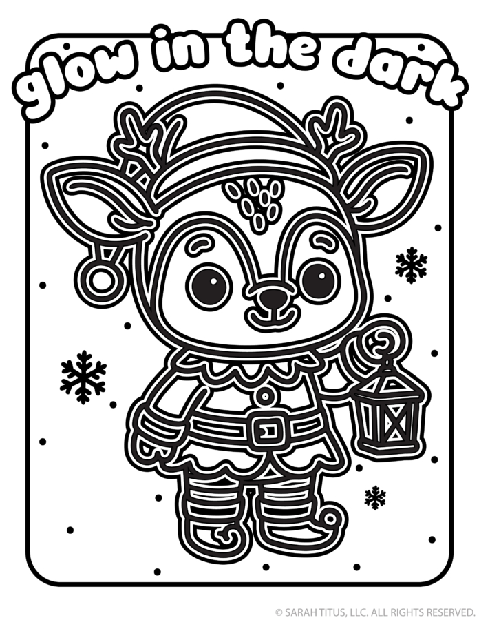 Glow in the Dark reindeer coloring page with a festive reindeer holding a lantern in a winter outfit