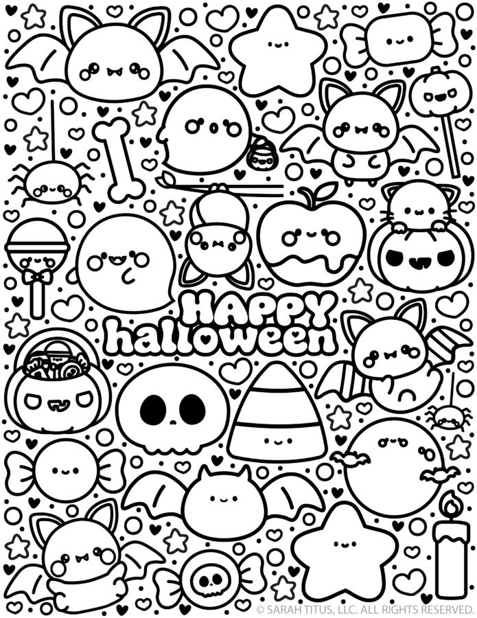 This Happy Halloween Coloring Page is a black and white printable filled with kawaii elements like a cat in a jack-o-lantern, smiling bats, candy corn, a skull, and a ghost holding a trick-or-treat bucket.