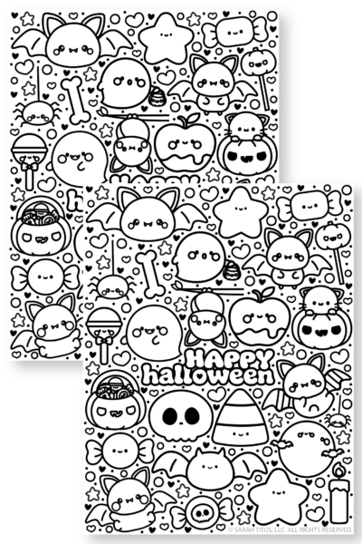 Two overlapping black and white printable coloring pages from Happy Halloween Coloring Sheet featuring Happy Halloween bubble text surrounded by cute kawaii style doodles of bats, ghosts, pumpkins, candy corn, skulls, and spiders.