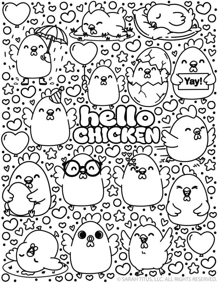 Black and white Hello Chicken coloring page filled with kawaii chickens holding a heart balloon, hatching from an egg, wearing a party hat and oversized glasses, standing under an umbrella, blowing heart kisses, sleeping, and posing among hearts and stars.