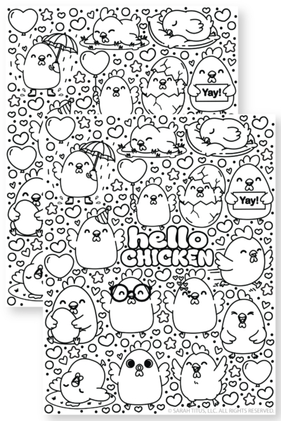 A black and white doodle coloring page featuring the words hello CHICKENS surrounded by cute chicks in various poses like holding an umbrella sleeping and wearing glasses with scattered hearts and stars.
