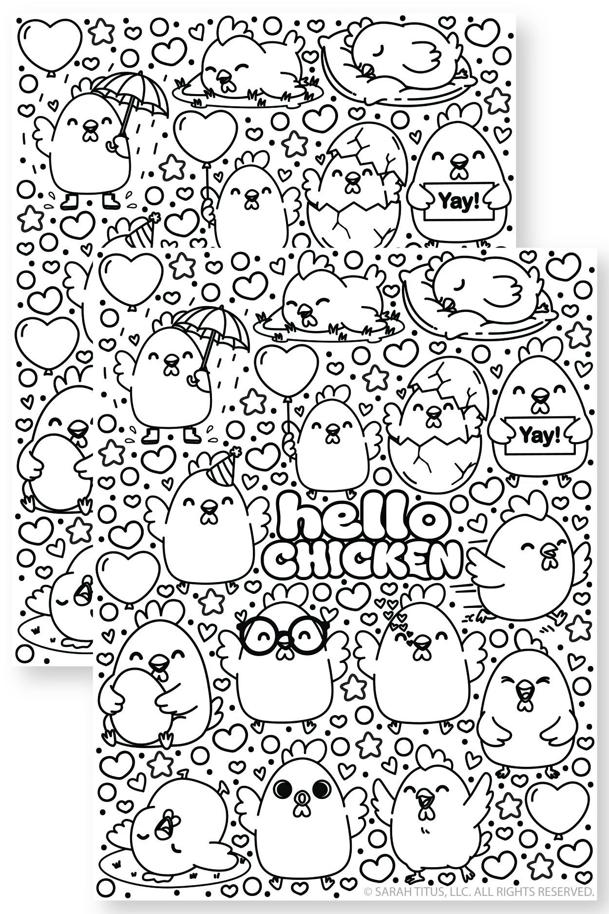 A black and white doodle coloring page featuring the words hello CHICKENS surrounded by cute chicks in various poses like holding an umbrella sleeping and wearing glasses with scattered hearts and stars.