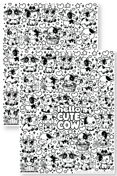 A black and white coloring page filled with doodle style baby cows featuring sunglasses, a cowboy hat, presents, buckets, and flowers, surrounded by tiny stars and hearts.