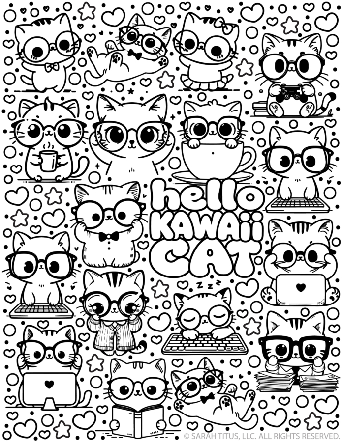 Black and white line art coloring page filled with kawaii style cats wearing glasses reading books using laptops playing video games and drinking coffee surrounded by small hearts and stars