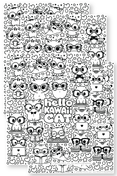 Featured image showing stacked copies of the free printable kawaii cat coloring page with adorable cats wearing glasses, reading books, using computers, drinking coffee, gaming, and surrounded by hearts and cute doodles.