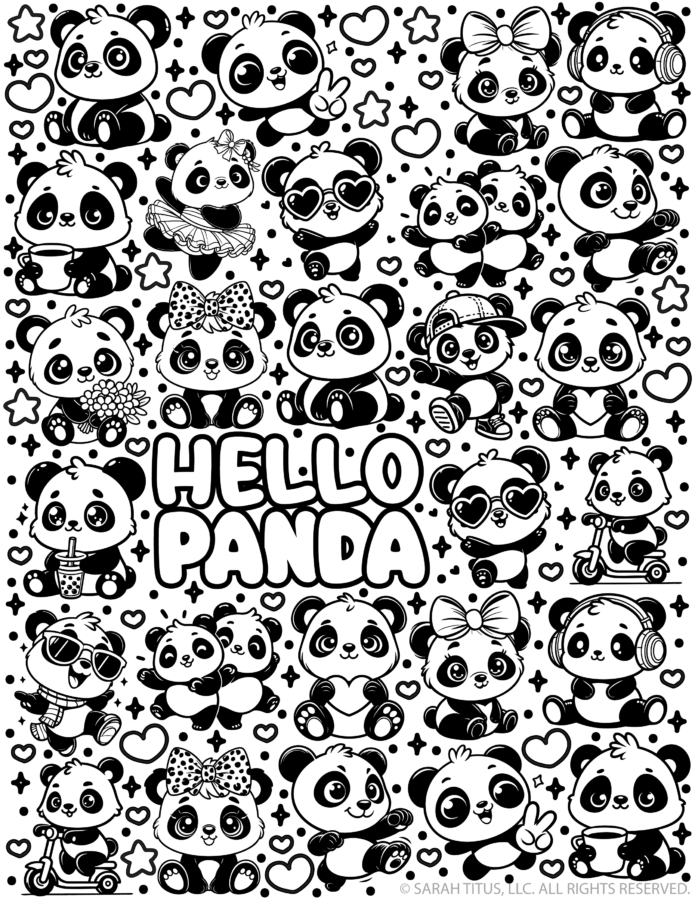 Free printable Hello Panda coloring page filled with cute kawaii panda bears wearing bows, headphones, sunglasses, hats and sneakers, riding scooters, hugging friends, holding hearts, flowers, drinks and microphones, surrounded by hearts, stars and sparkles.