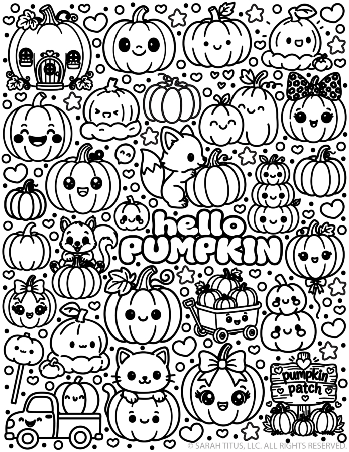Free Hello Pumpkin coloring page featuring adorable kawaii pumpkins, cute woodland animals, smiling jack-o-lanterns, a pumpkin patch wagon, and fun fall harvest designs.